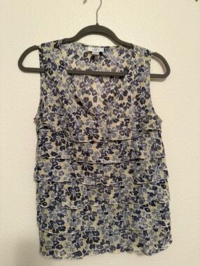 LOFT Women's Blue Floral Ruffle Sleeveless Top Size S
